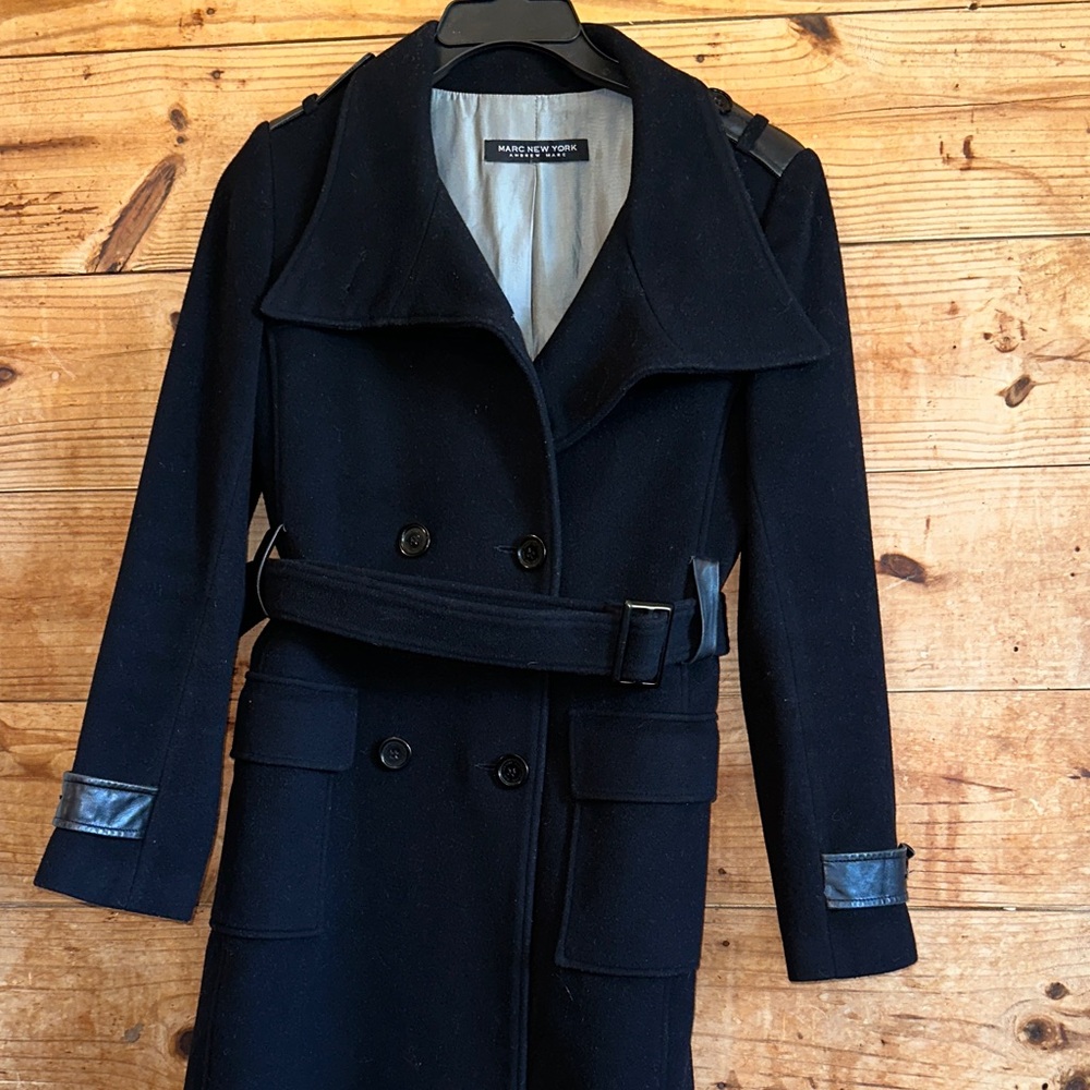 Marc New York Andrew Marc Black Wool Cashmere Blend Belted Trench Coat